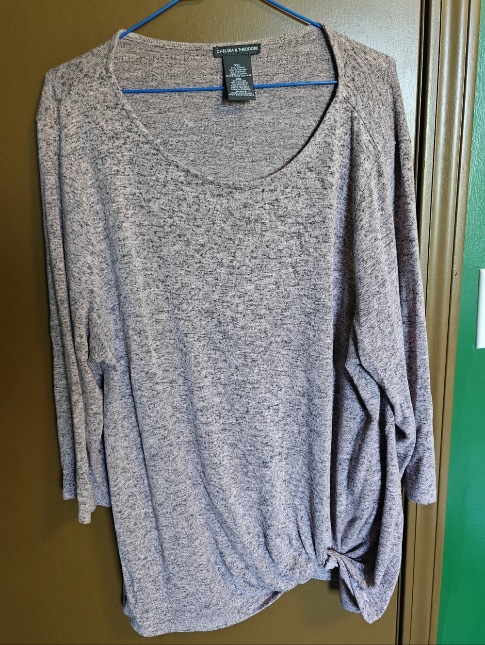 Chelsea & Theodore Sweater Top Faux Front Knot Gray Pink Beige Super Soft - XXL